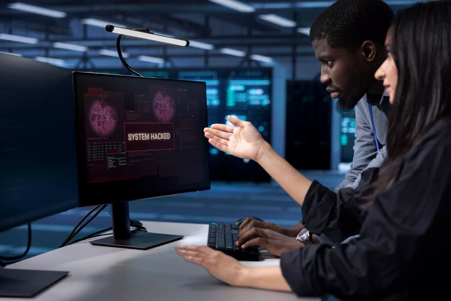 Two professionals analyzing a computer screen displaying a "System Hacked" message, illustrating a security breach explained.