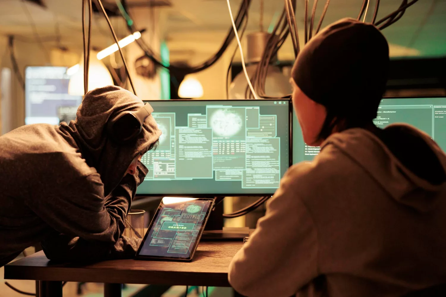 Two individuals in hoodies at computers with code on screens, illustrating a security breach explained.