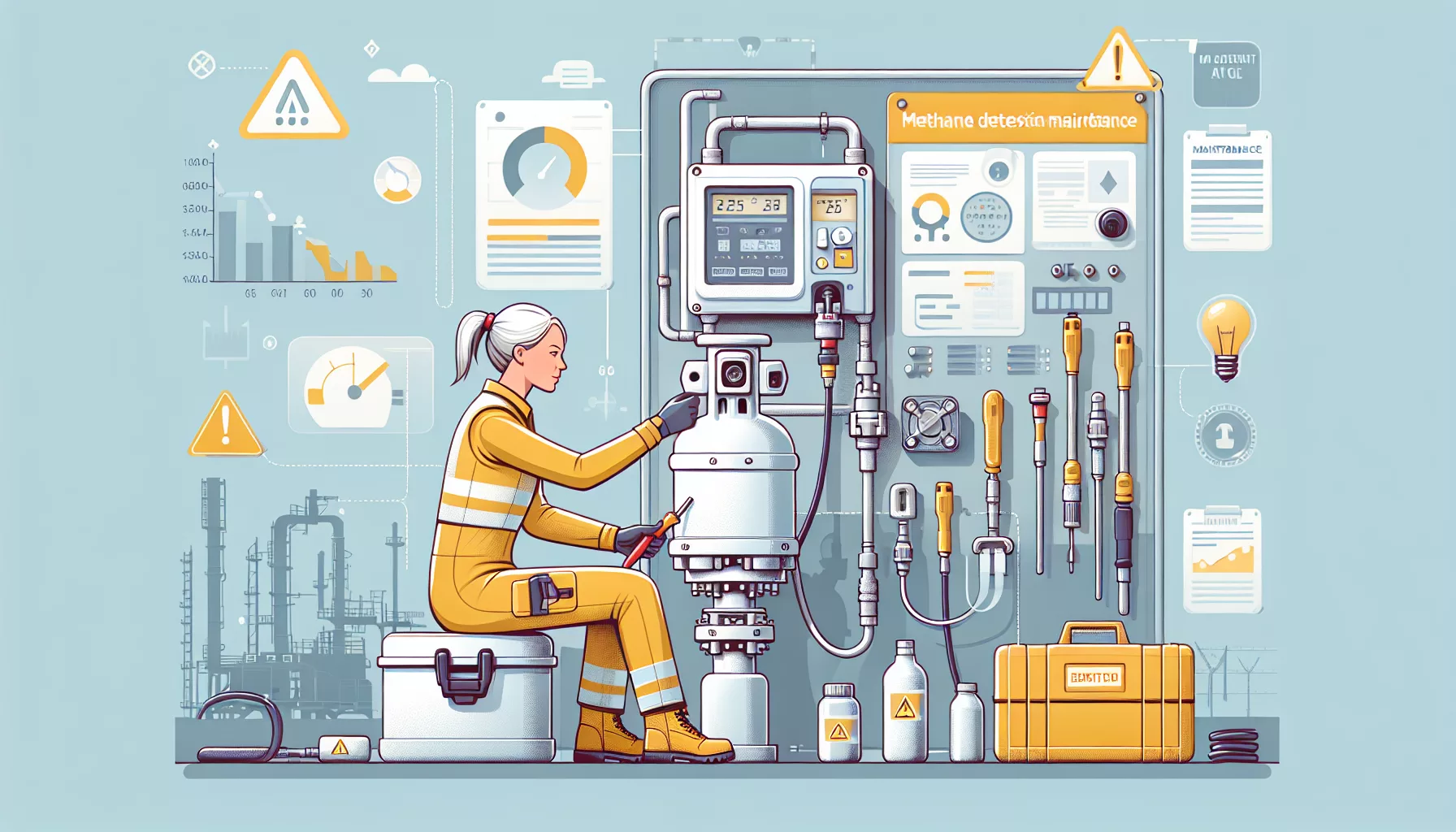 Technician servicing methane detection equipment with tools and safety gear, highlighting methane detection maintenance guide.
