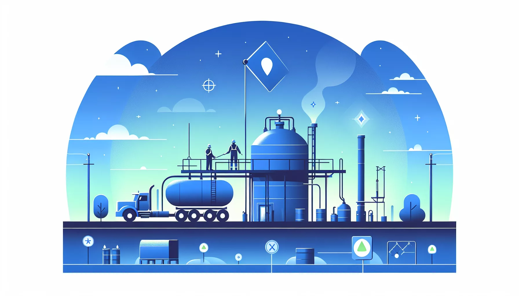 Illustration of a methane detection plant with workers and equipment, showcasing key elements of a methane detection maintenance guide.