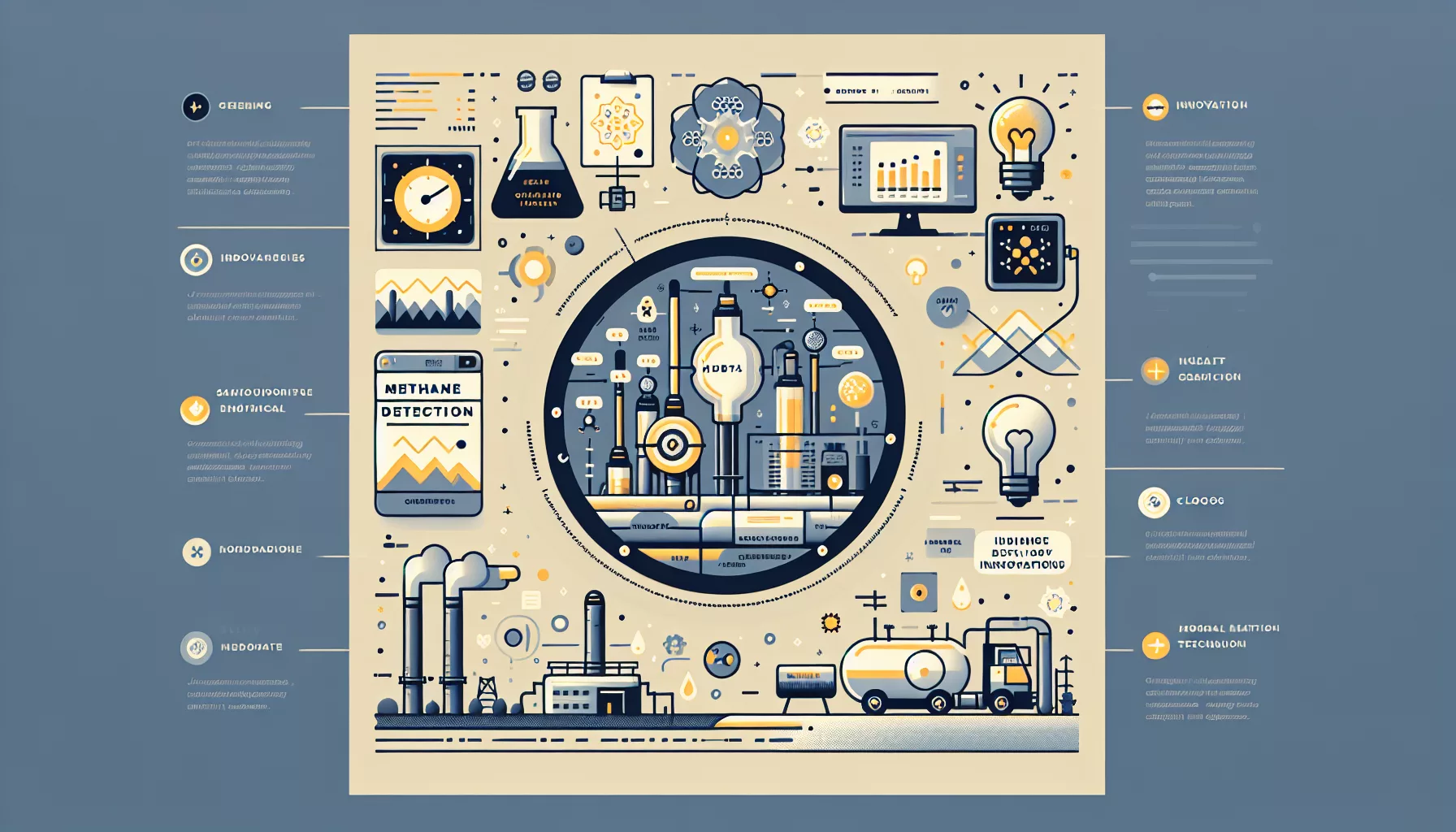 Infographic depicting methane detection technology innovations with sensors, graphs, and industrial elements.