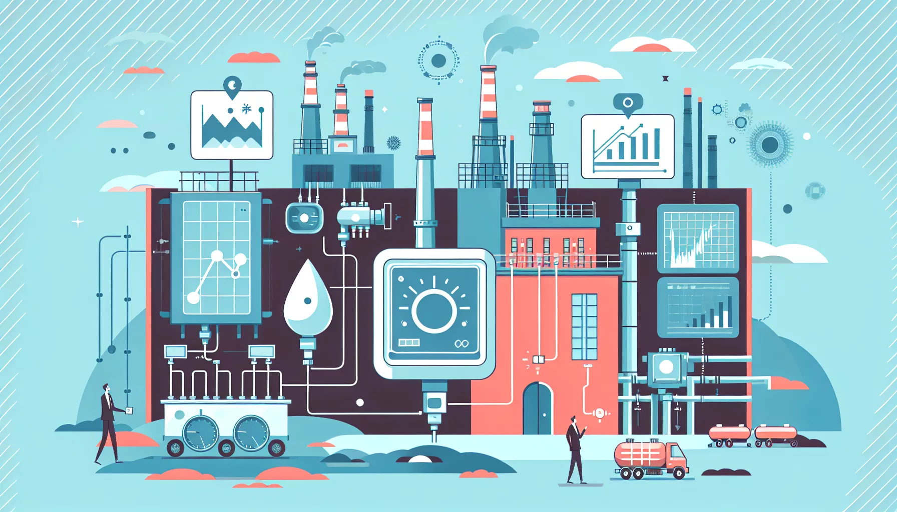Illustration of best industrial methane sensors monitoring emissions in a factory setting with data charts and machinery.