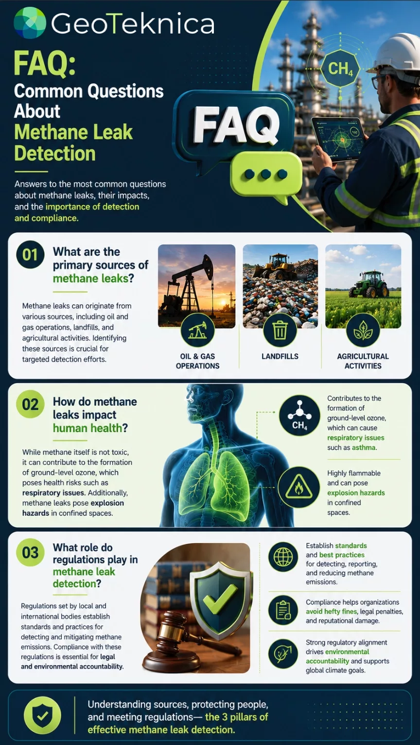 FAQ about methane leak detection, highlighting its importance in oil, gas, landfills, and agriculture for health and safety.