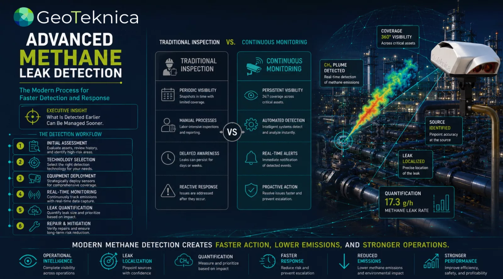 Infographic comparing traditional and continuous methane leak detection processes, highlighting technology and benefits.