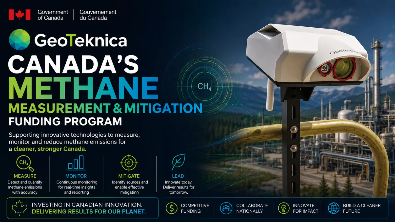 GeoTeknica program poster for Canada Methane Reduction Funding with equipment and industrial background.