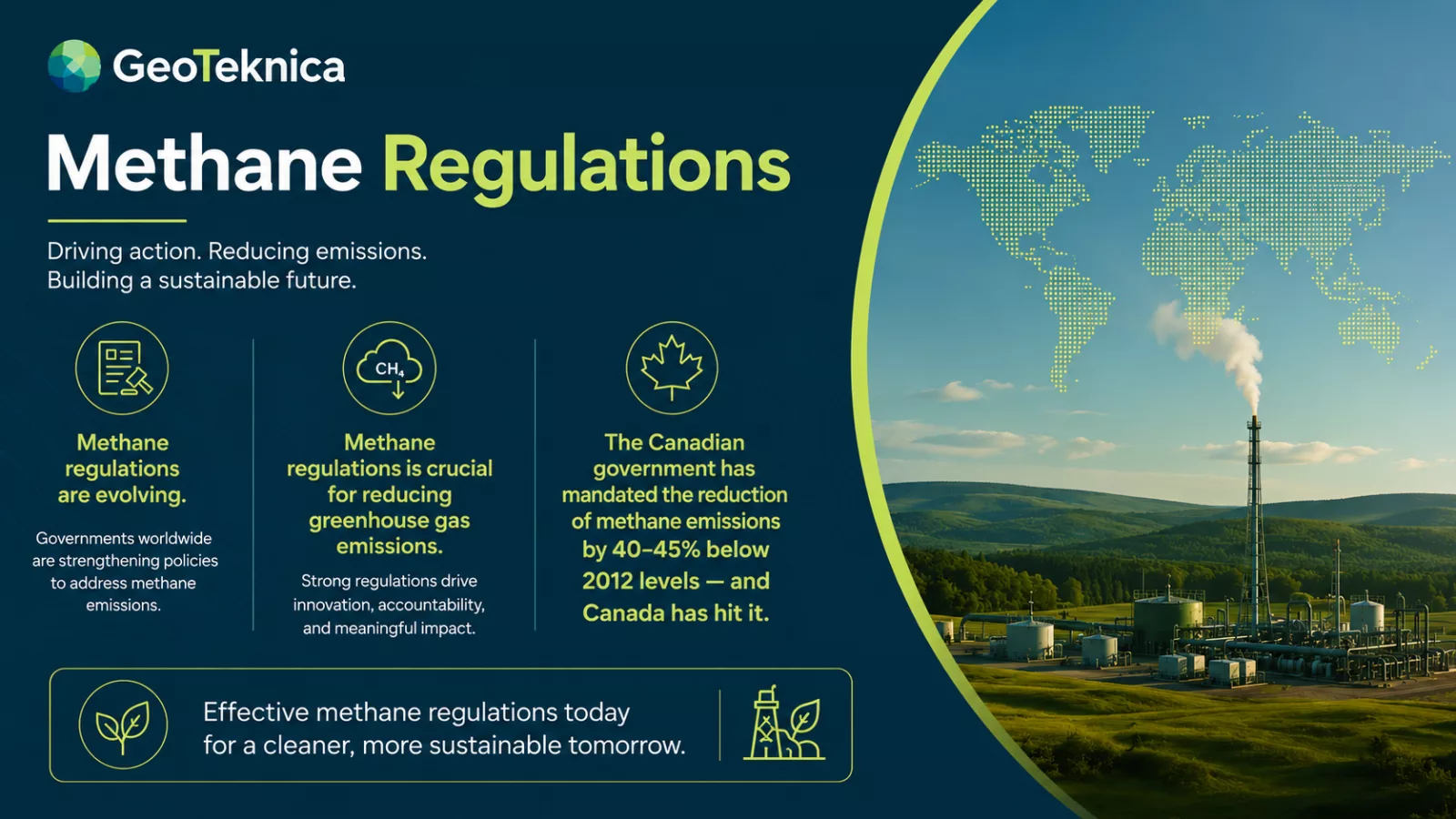 Infographic on evolving methane regulations with global map and industrial scene in background.
