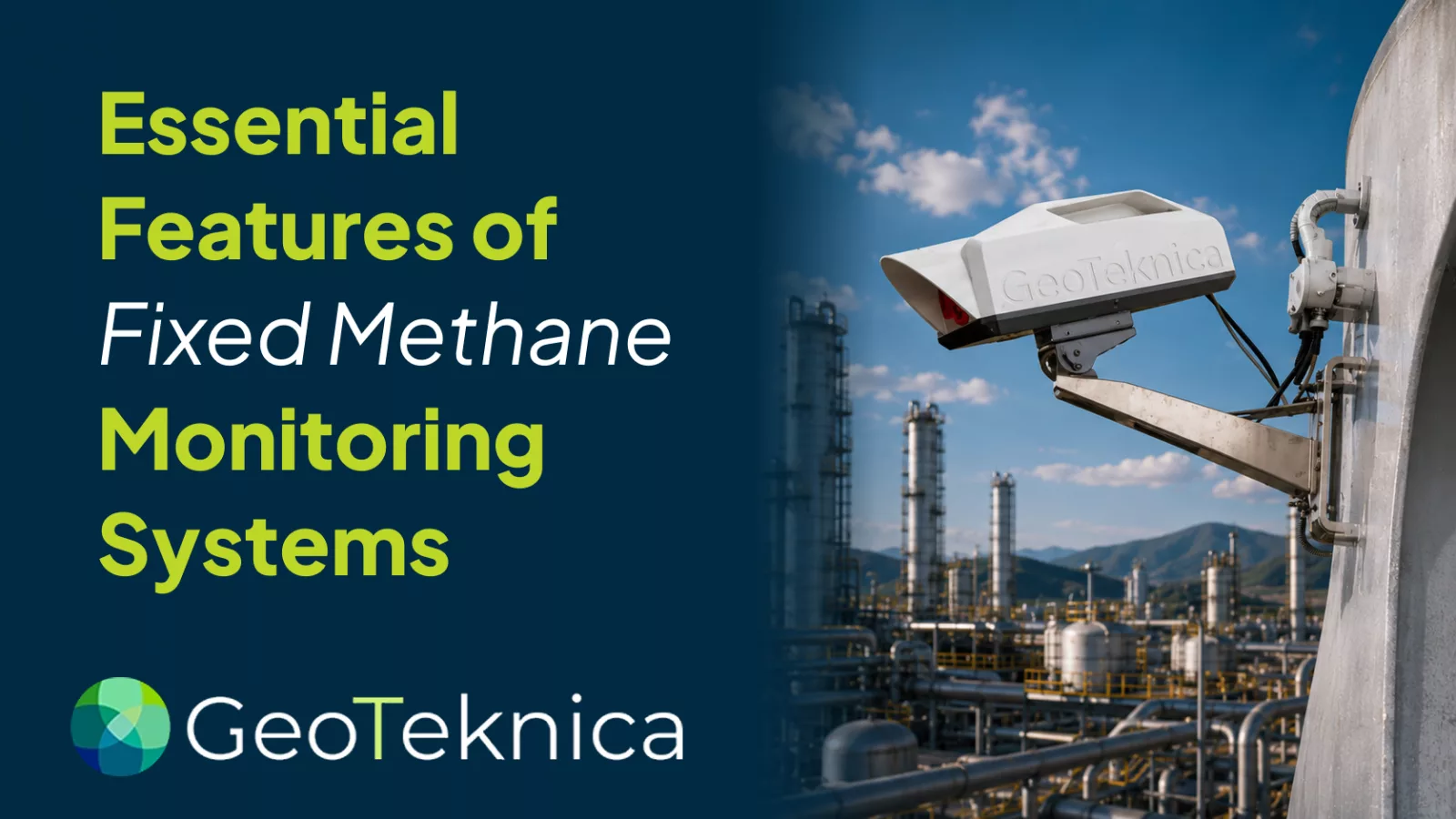 GeoTeknica's fixed methane monitoring systems installed at an industrial site with a clear sky background.