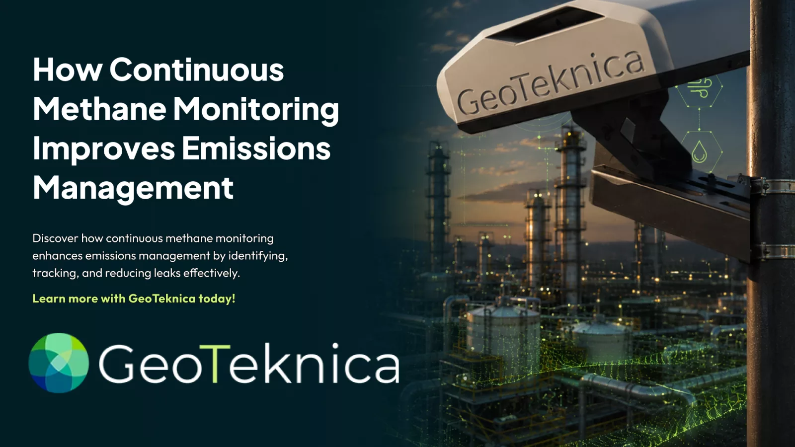 GeoTeknica device showcasing continuous methane monitoring at an industrial site with refinery background.