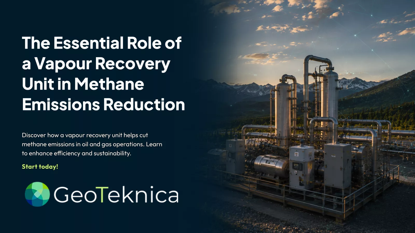 Vapor recovery unit at an industrial site with mountains in the background during sunset.