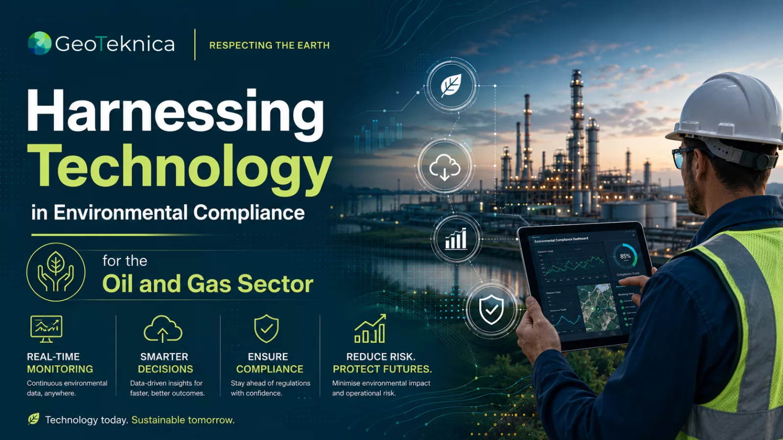 Person using a tablet to monitor oil refinery operations, highlighting technology in environmental compliance.