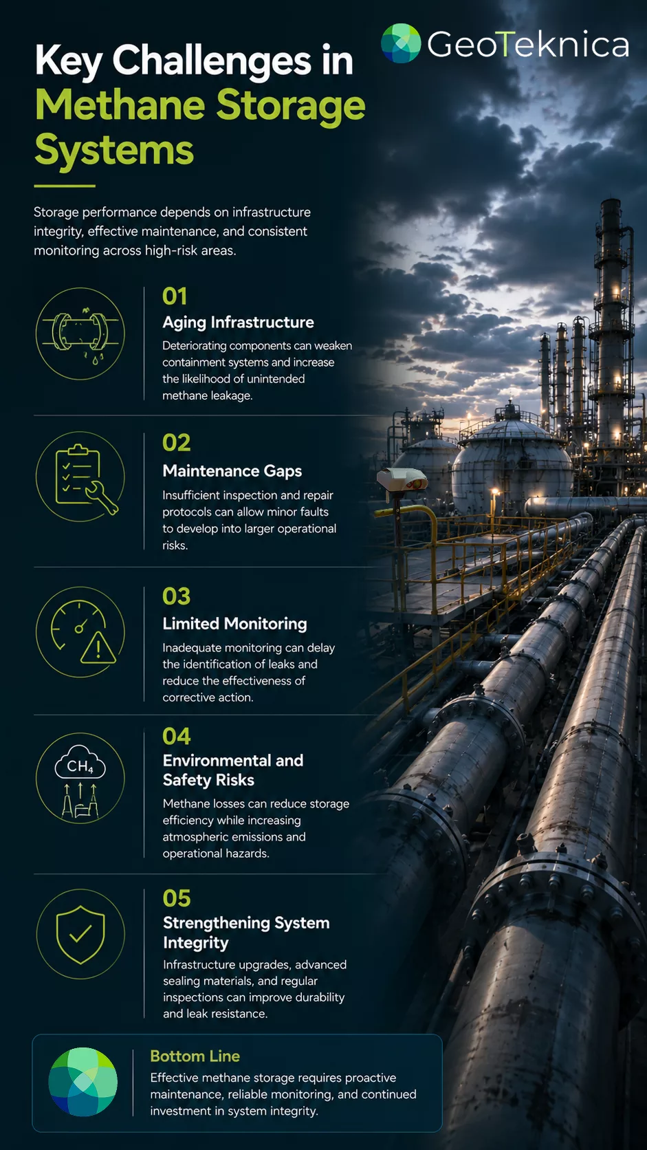 Infographic detailing key challenges in methane capture and storage systems, including infrastructure and monitoring issues.