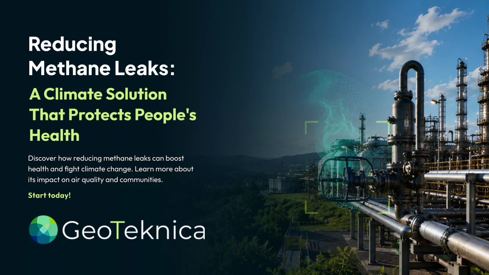 Industrial plant emitting gas with a focus on reducing methane leaks for climate and health benefits.