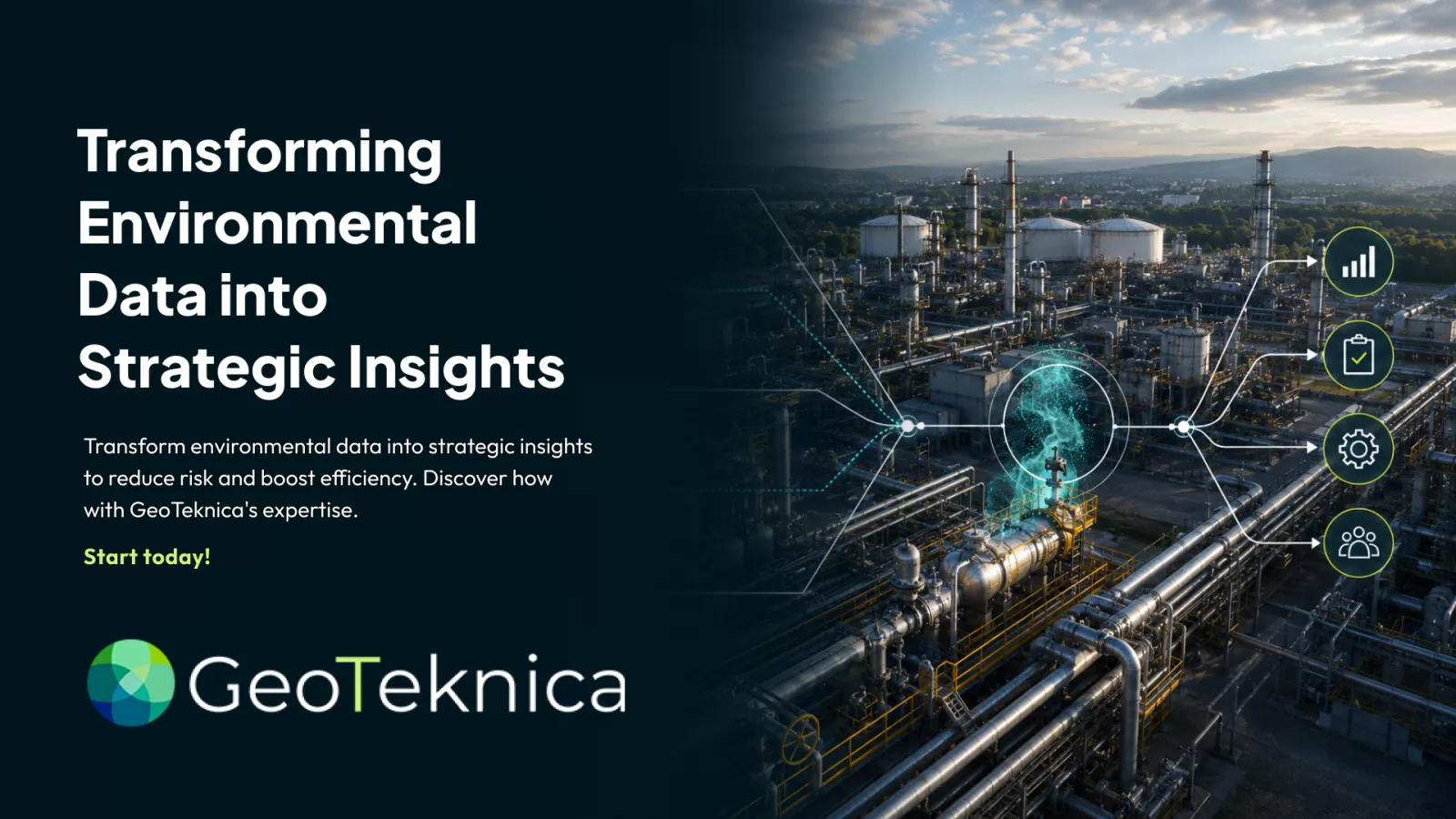 Aerial view of industrial landscape with data graphics overlay for environmental data insights.