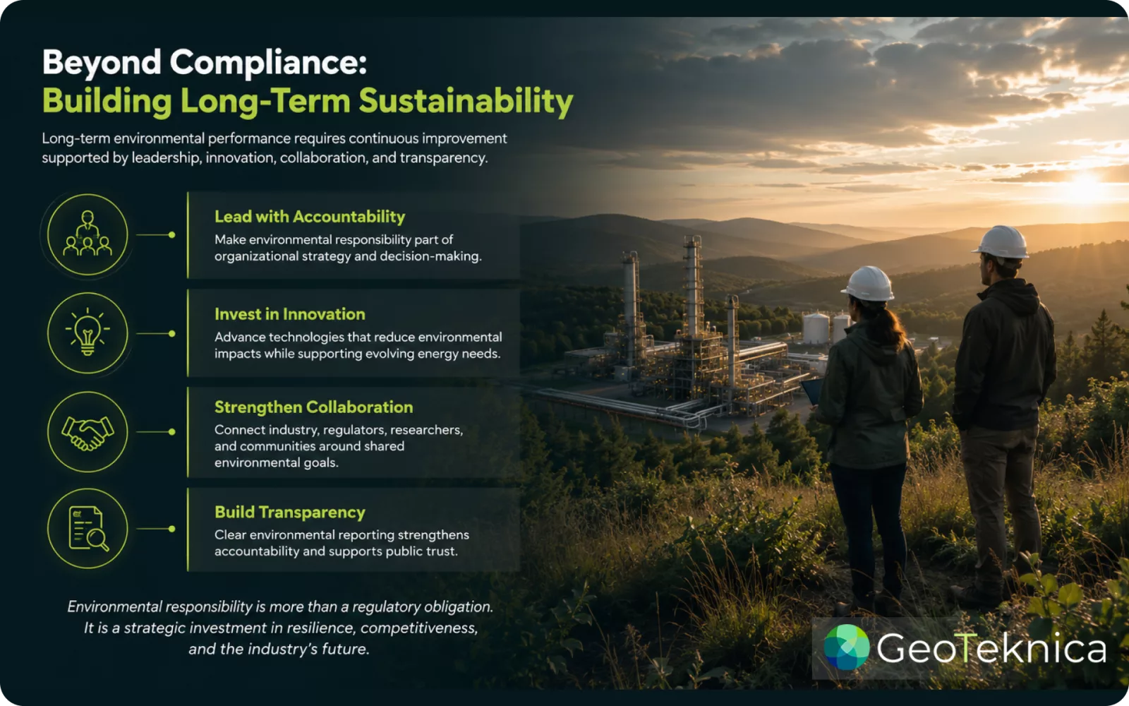 Two people in hard hats overlooking an oil refinery, emphasizing environmental responsibility and sustainability practices.