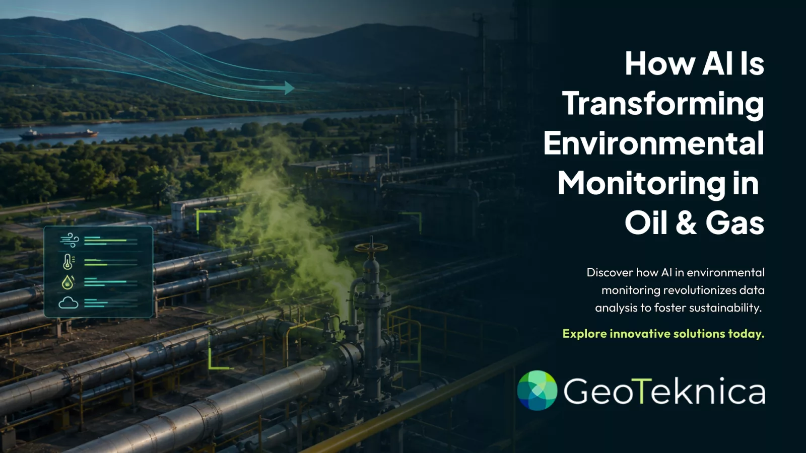 AI in environmental monitoring visualized with data overlays on an industrial plant, highlighting sustainability efforts.