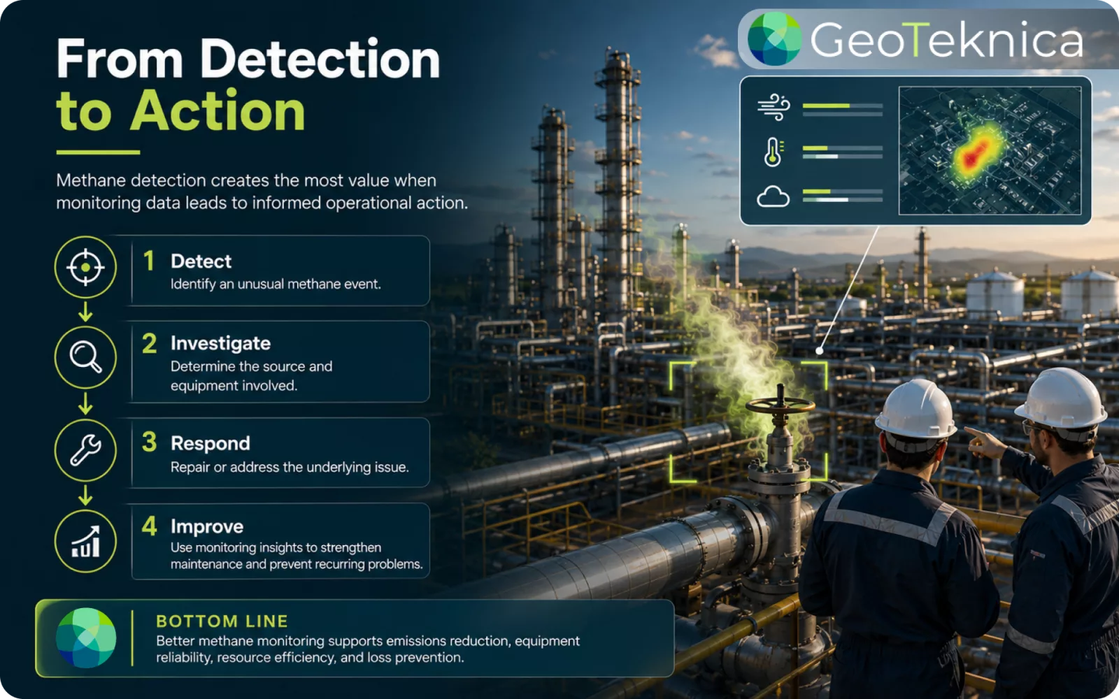 AI in environmental monitoring: Engineers using AI technology to detect methane emissions at an industrial site.