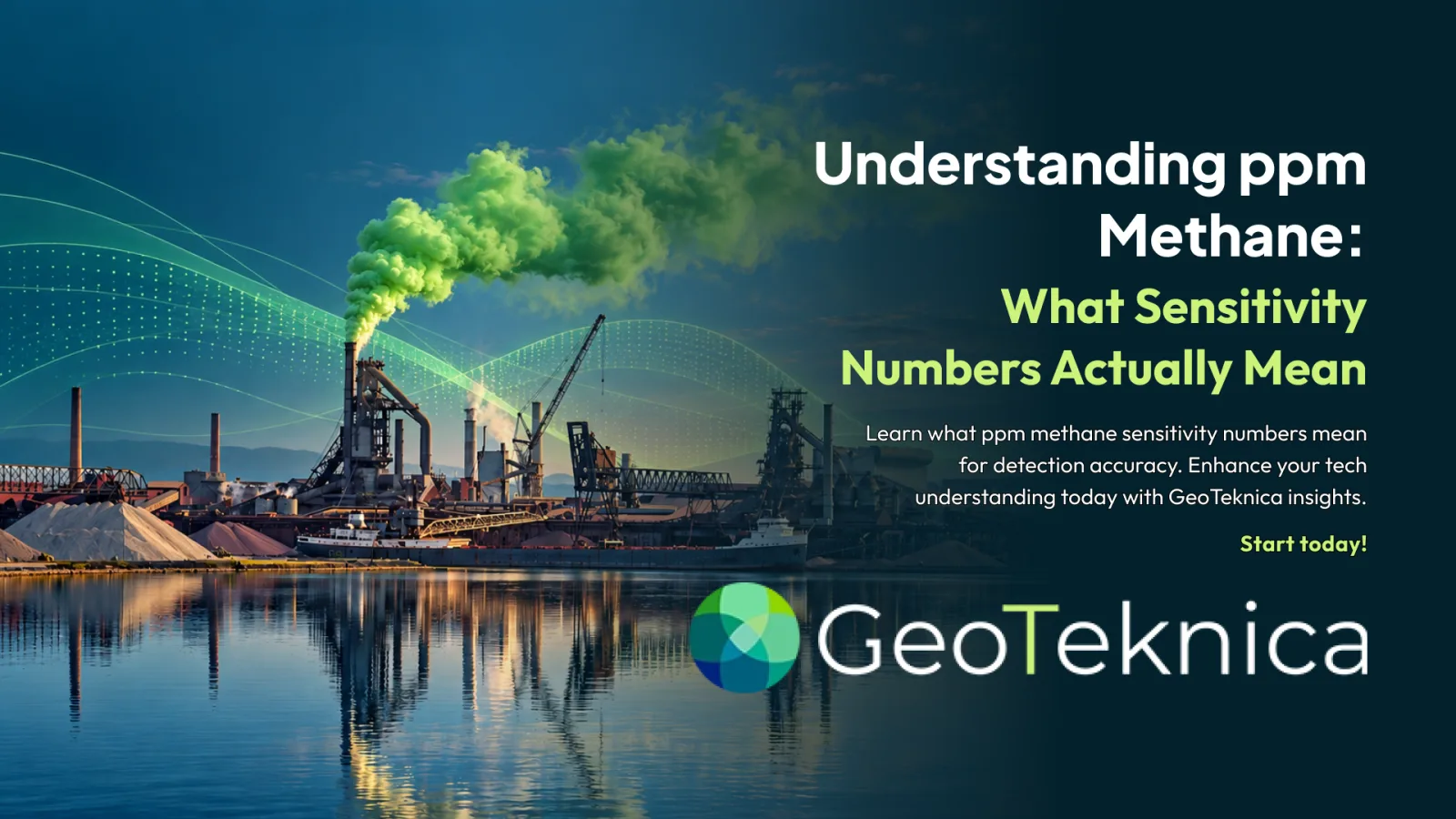 Industrial site emitting green smoke over water, illustrating ppm methane detection for sensitivity analysis.
