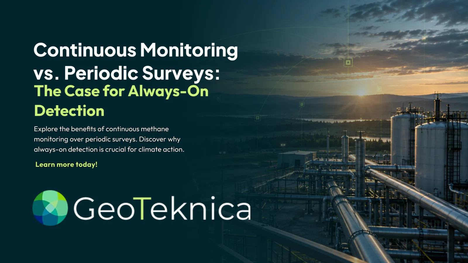 Industrial facility at sunset with text overlay discussing methane monitoring for climate action.