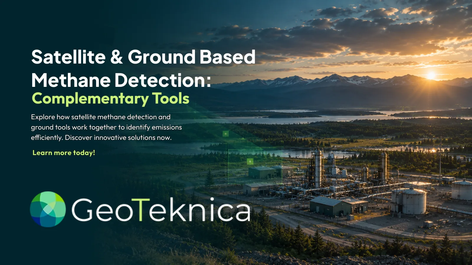 Satellite methane detection over an industrial site at sunset with mountains in the background.