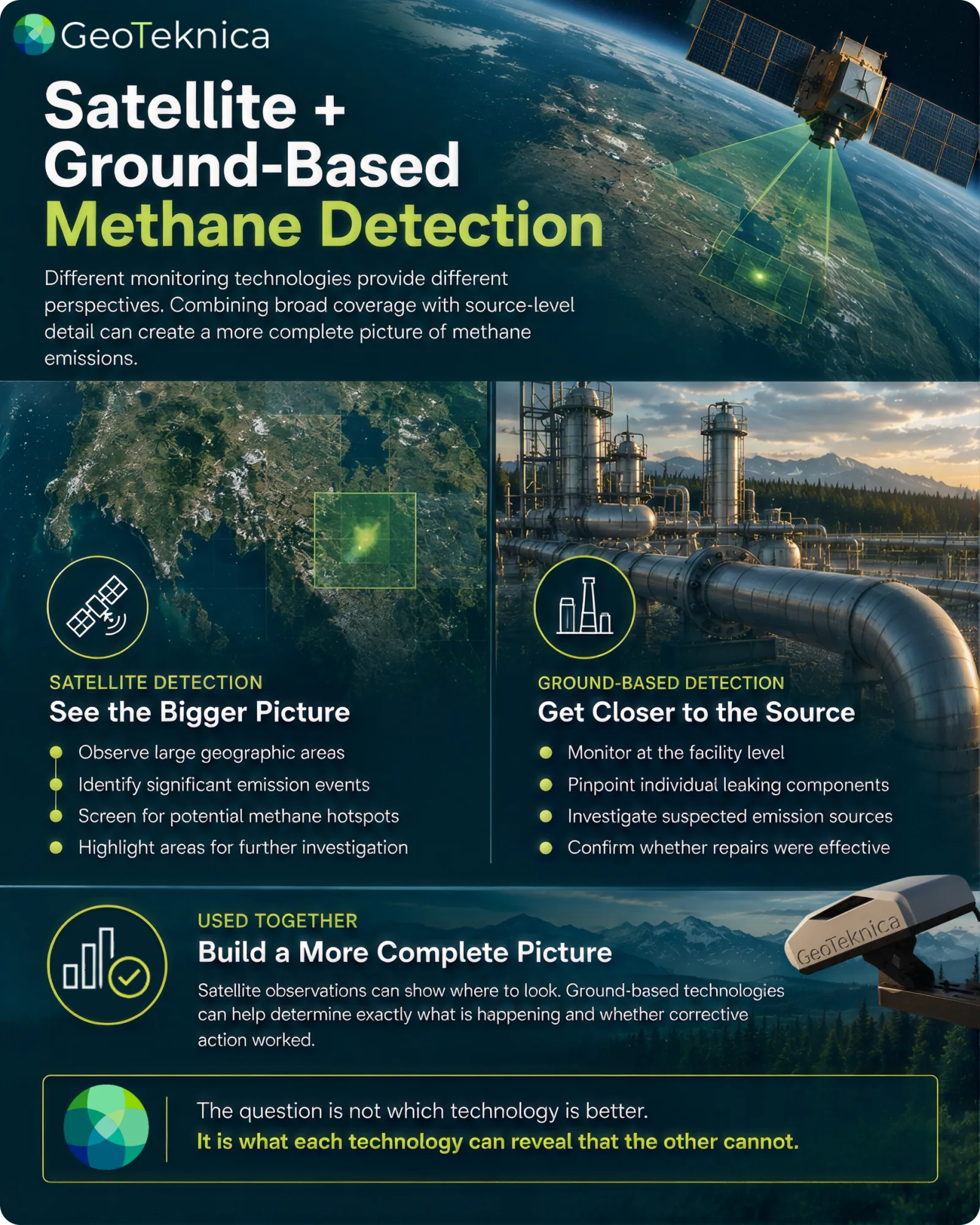 Infographic illustrating satellite methane detection with satellite view of Earth and industrial facility for methane monitoring.