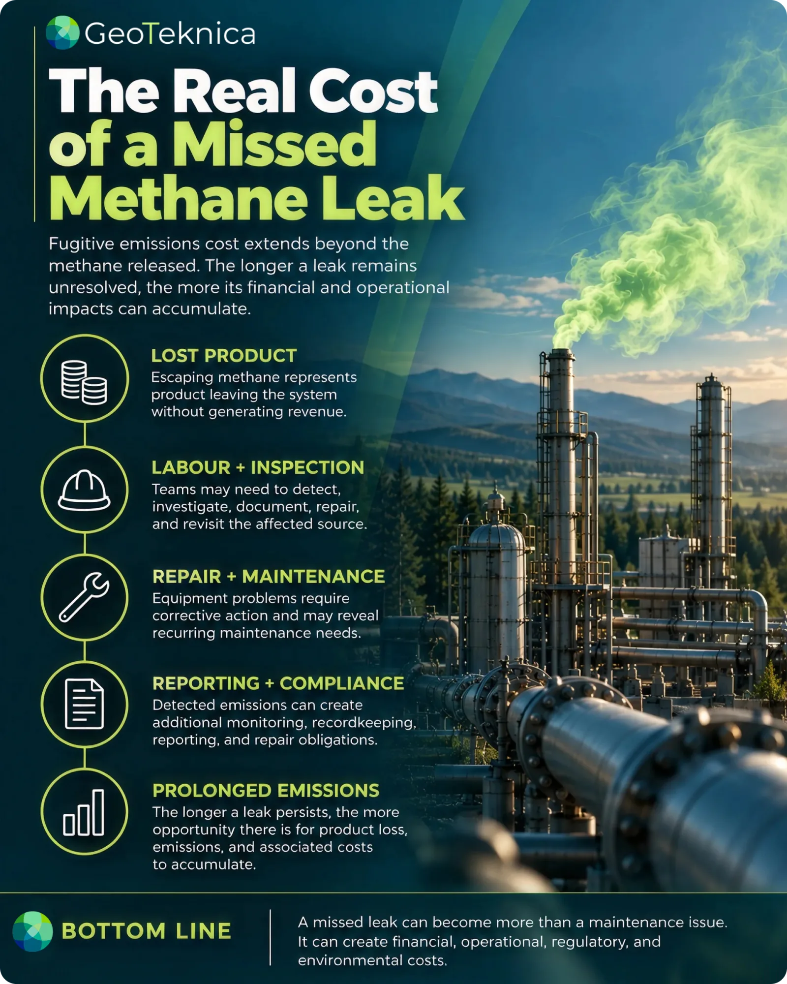 Infographic detailing the financial impact of fugitive emissions cost, highlighting lost product, labor, and compliance expenses.
