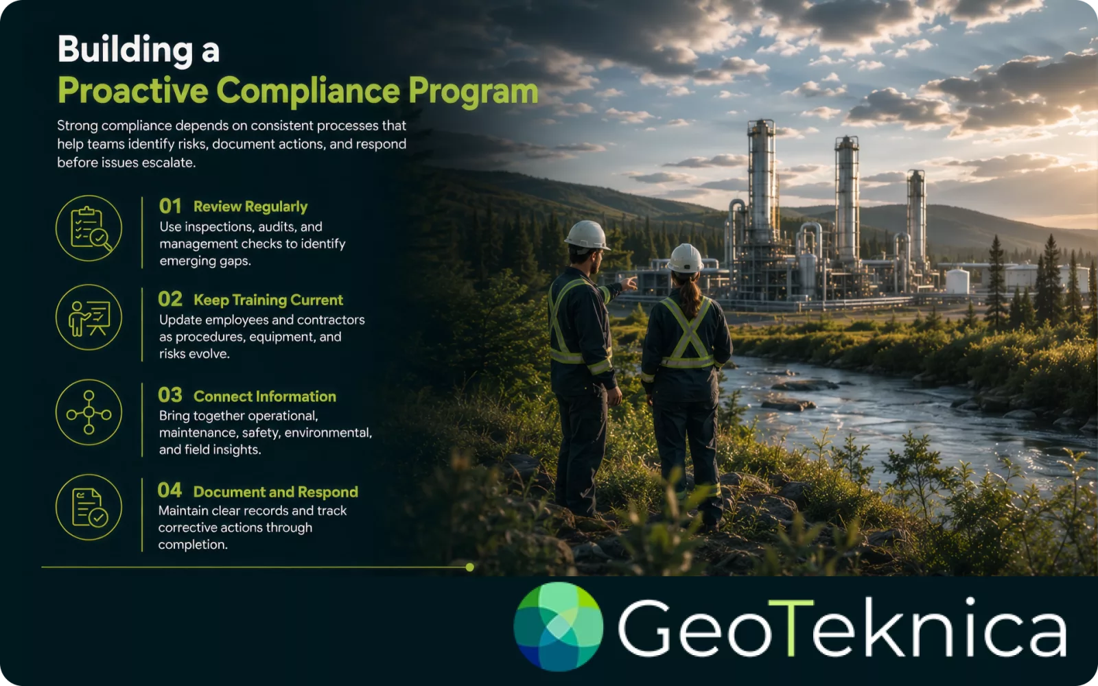 Two workers in safety gear discuss compliance at an oil refinery, highlighting common compliance mistakes in operations.