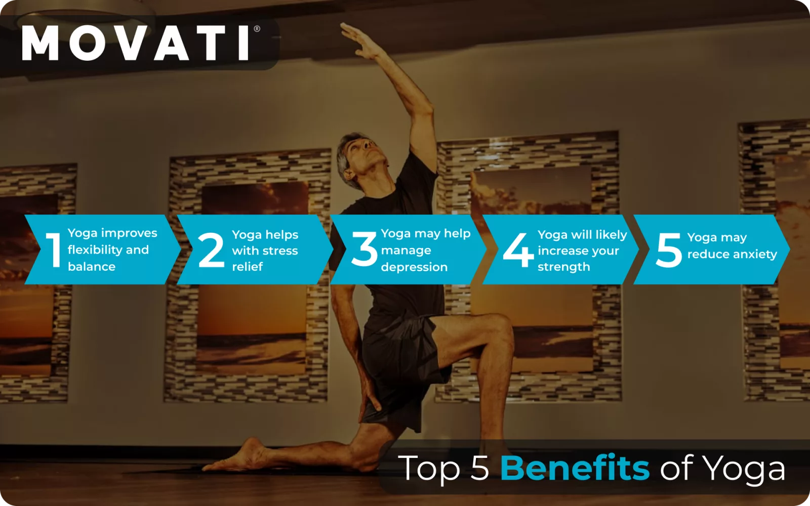 Man practicing yoga pose with text detailing benefits; highlights latest yoga trends in flexibility and mental health.
