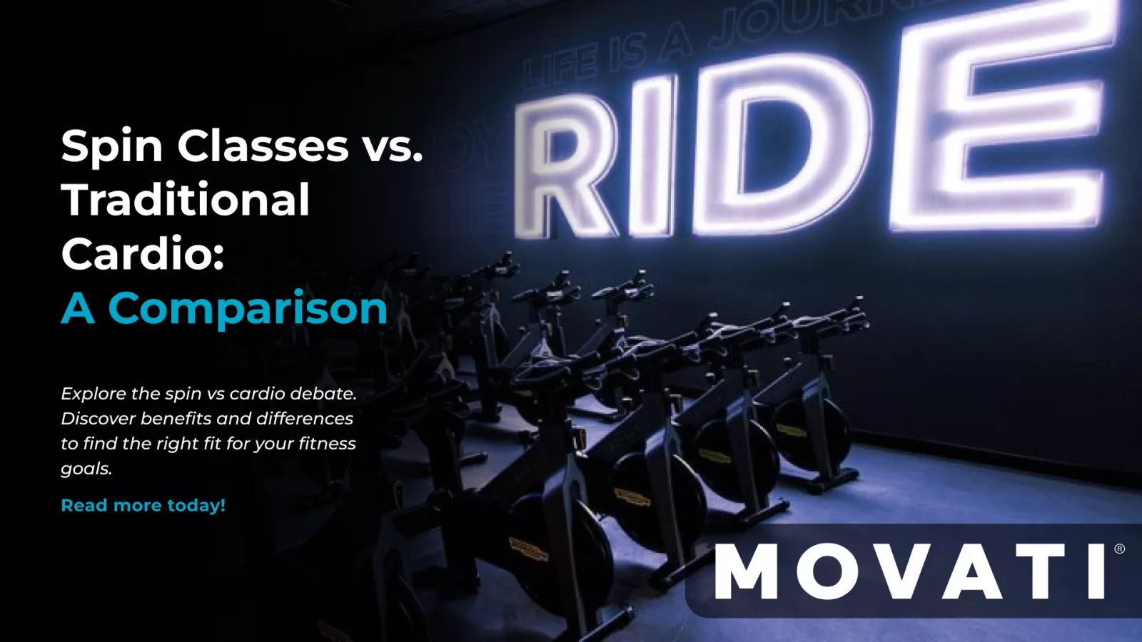 Dimly lit spin studio with stationary bikes, highlighting spin vs cardio debate.