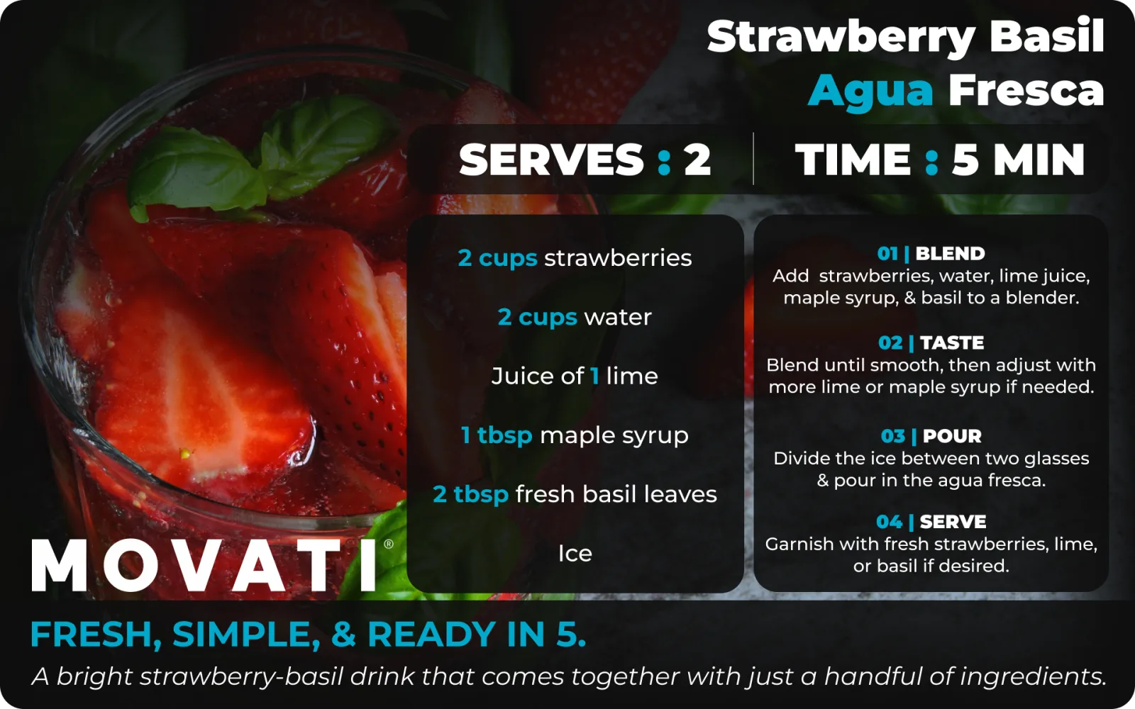 Strawberry basil agua fresca recipe with strawberries, basil, and maple syrup, ready in 5 minutes.