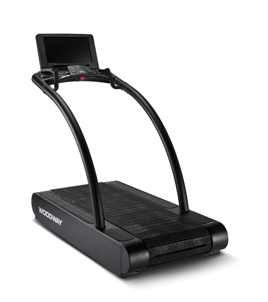 Woodway treadmill with curved design and advanced display screen for enhanced training experience.