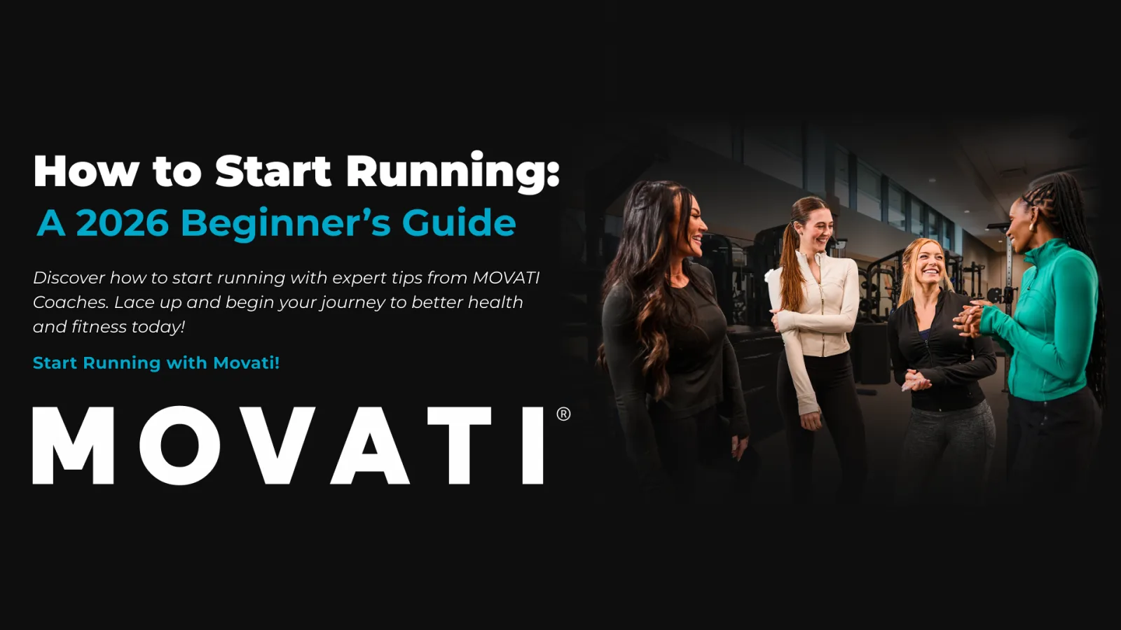 Group of women discussing tips on how to start running at a gym, promoting a beginner's guide.