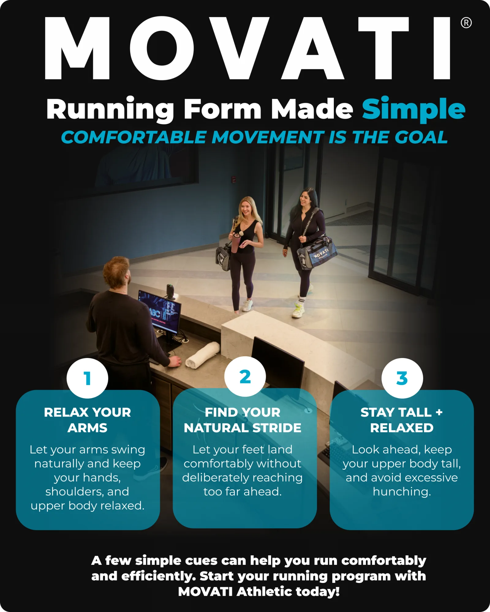 Three people in a gym with tips on relaxed arms, natural stride, and staying tall to start running effectively.