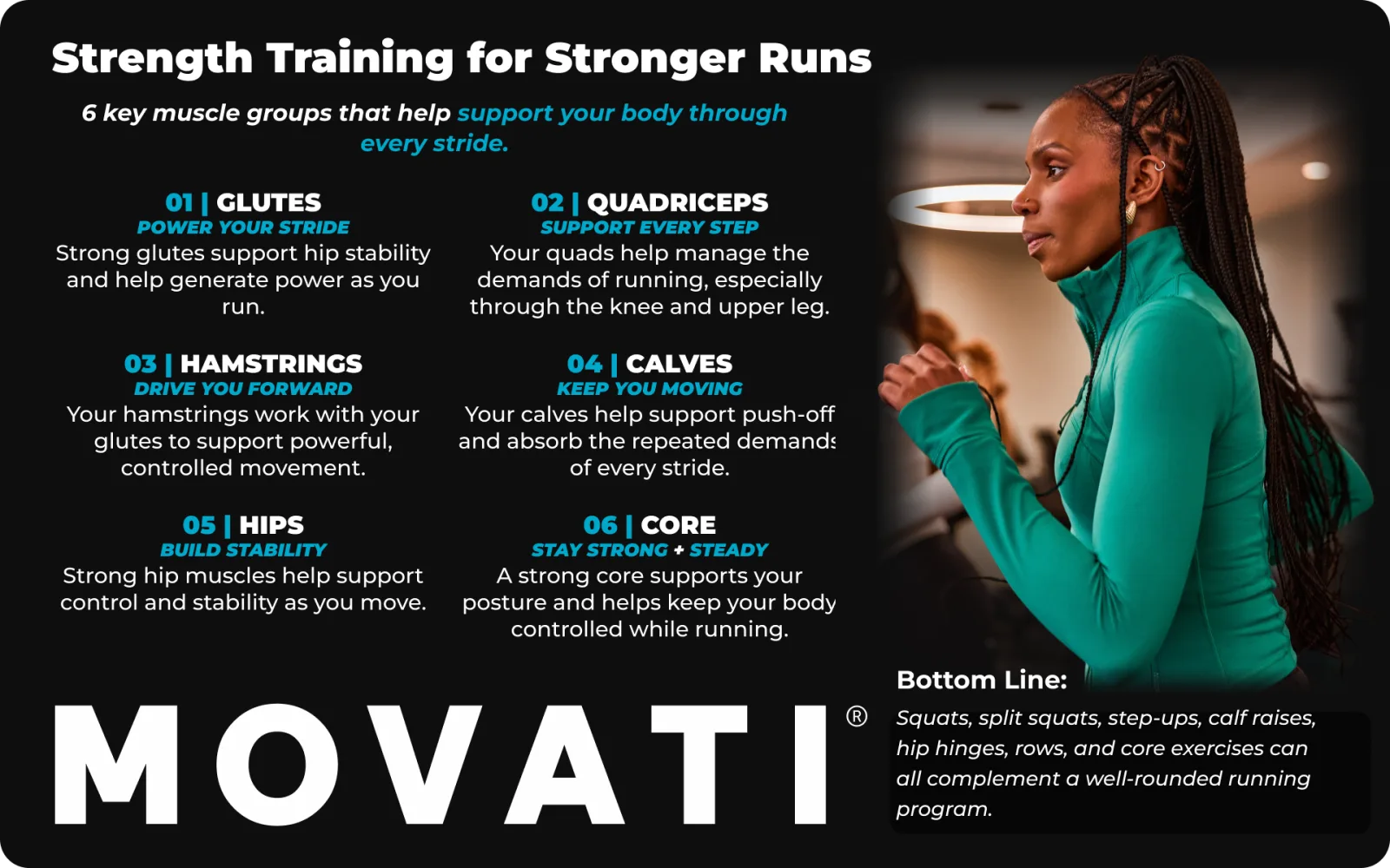 Woman in workout gear demonstrating exercises to start running, focusing on strengthening key muscle groups for better performance.