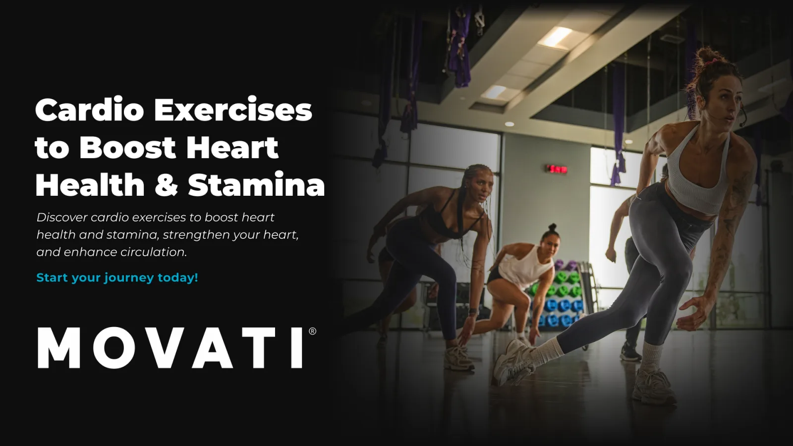 Group fitness class performing cardio exercises indoors to boost heart health and stamina.