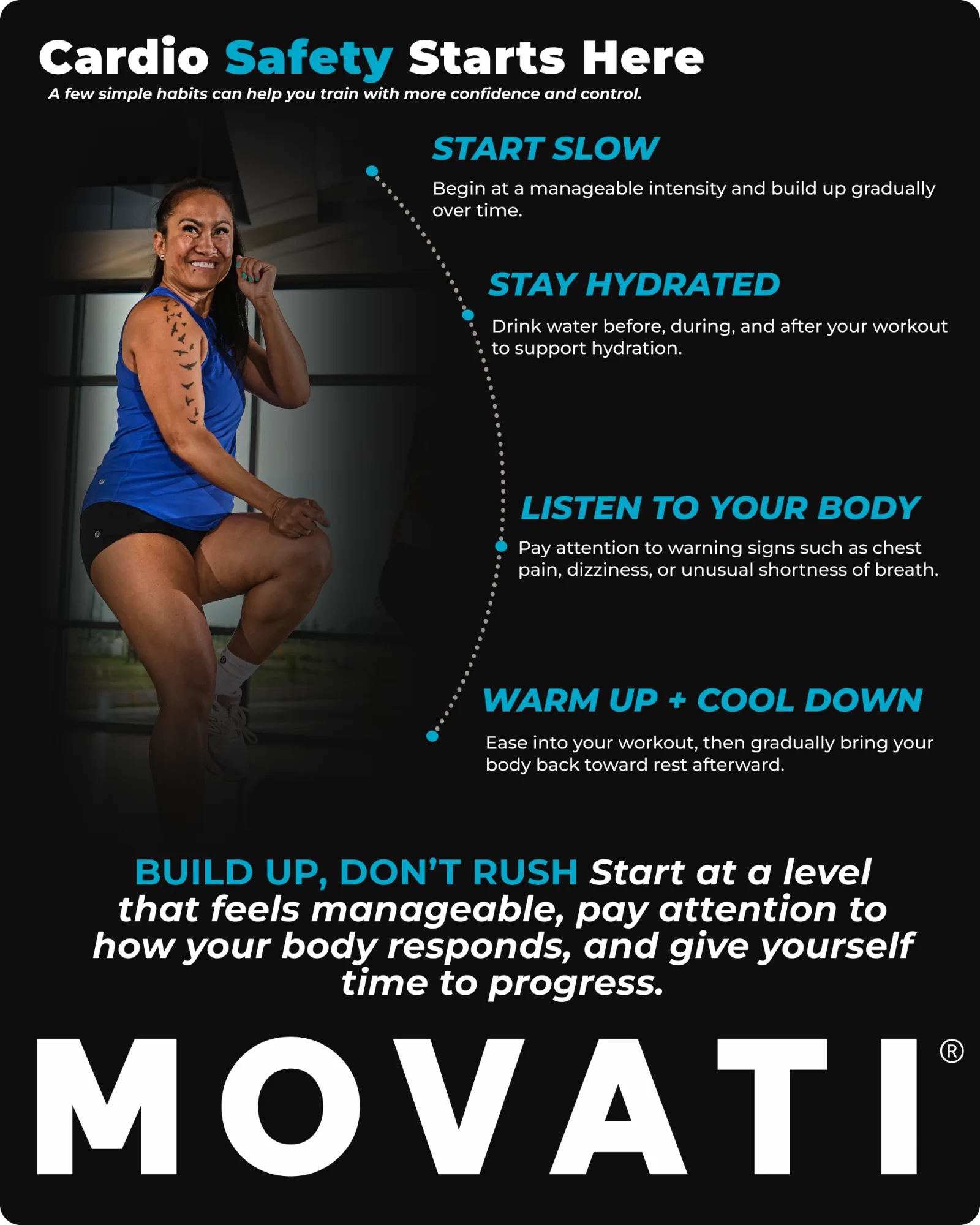Person demonstrating cardio exercises with safety tips and motivational text.