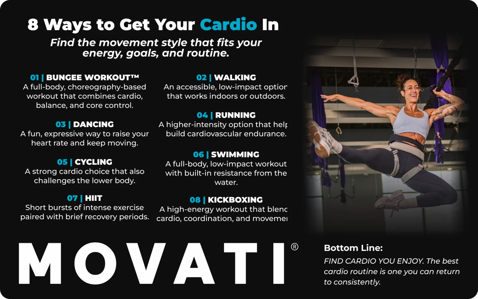 Woman exercising on a trapeze, exemplifying diverse cardio exercises for endurance and heart health.