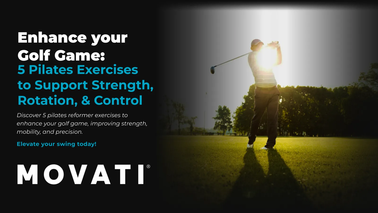 Golfer swinging club at sunrise, practicing to enhance your golf game with Pilates reformer exercises.