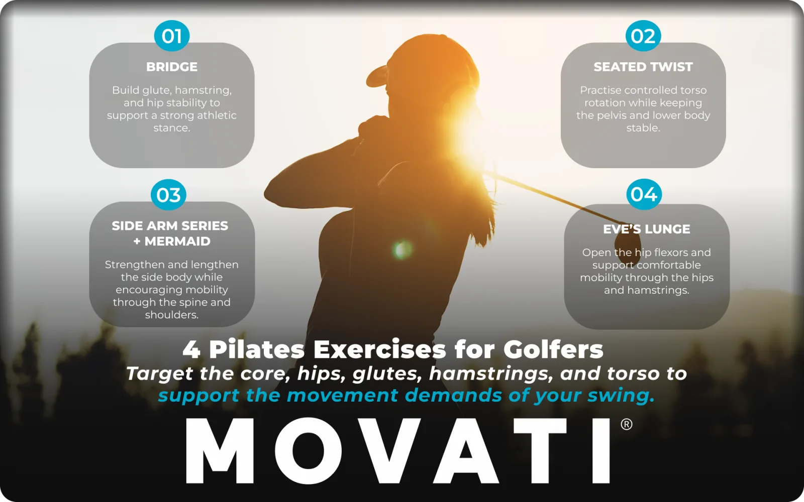 Four Pilates exercises to enhance your golf game, focusing on core, hips, and flexibility for improved swing.