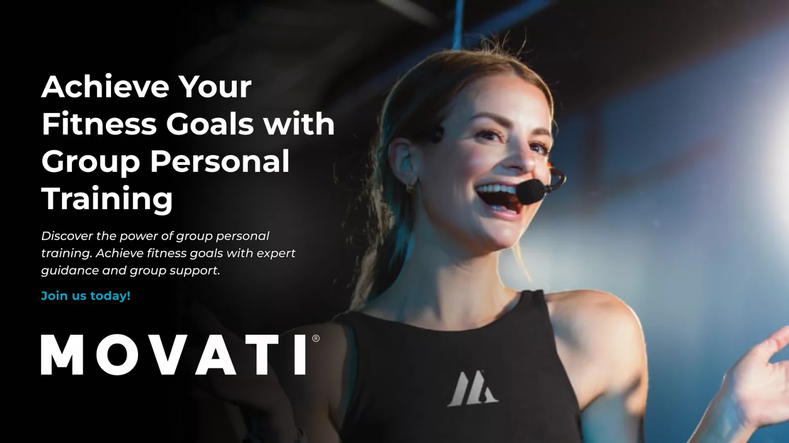 Woman smiling with headset, leading a group personal training for beginners session indoors.