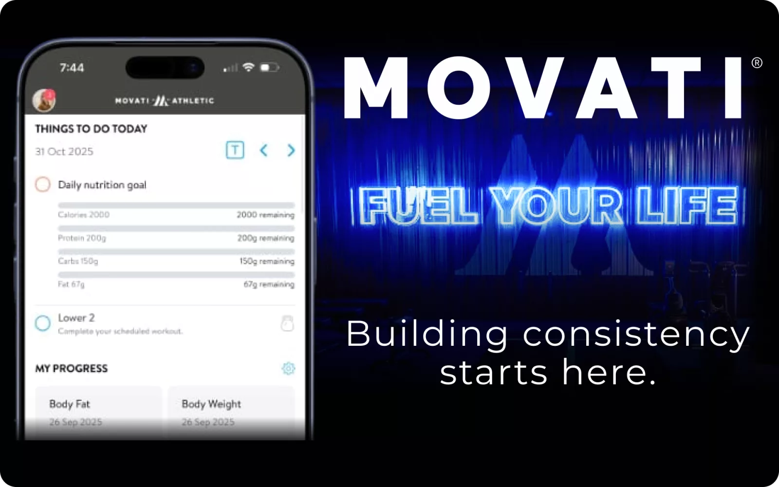 Fitness app tracking progress with a motivational sign, illustrating group personal training benefits.