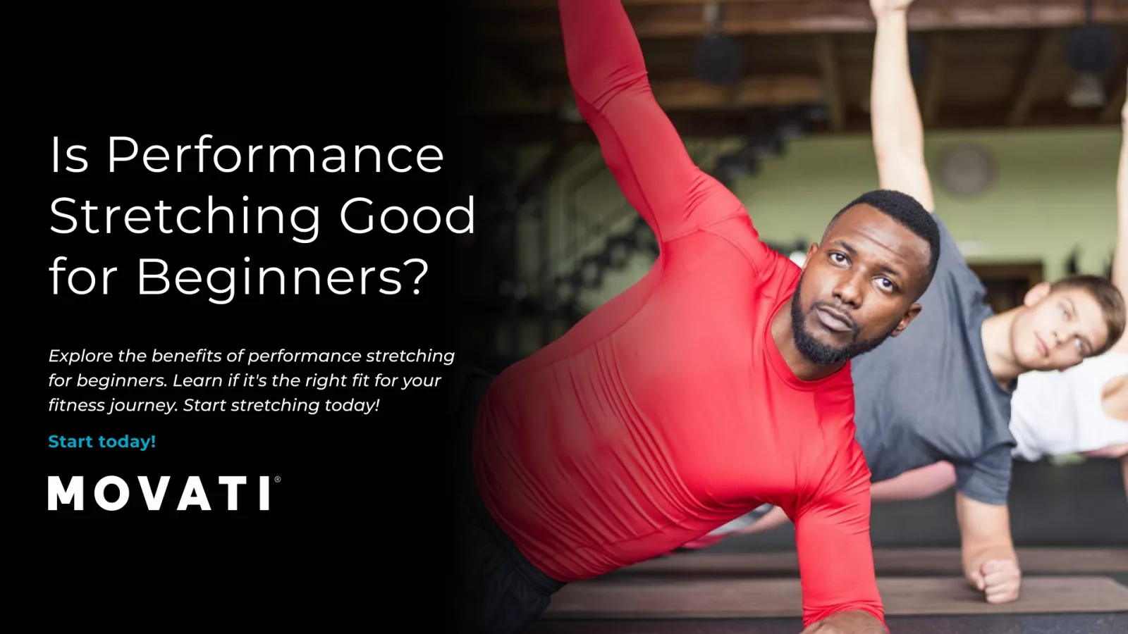 Man in red shirt doing side stretch, demonstrating performance stretching for beginners in a gym setting.
