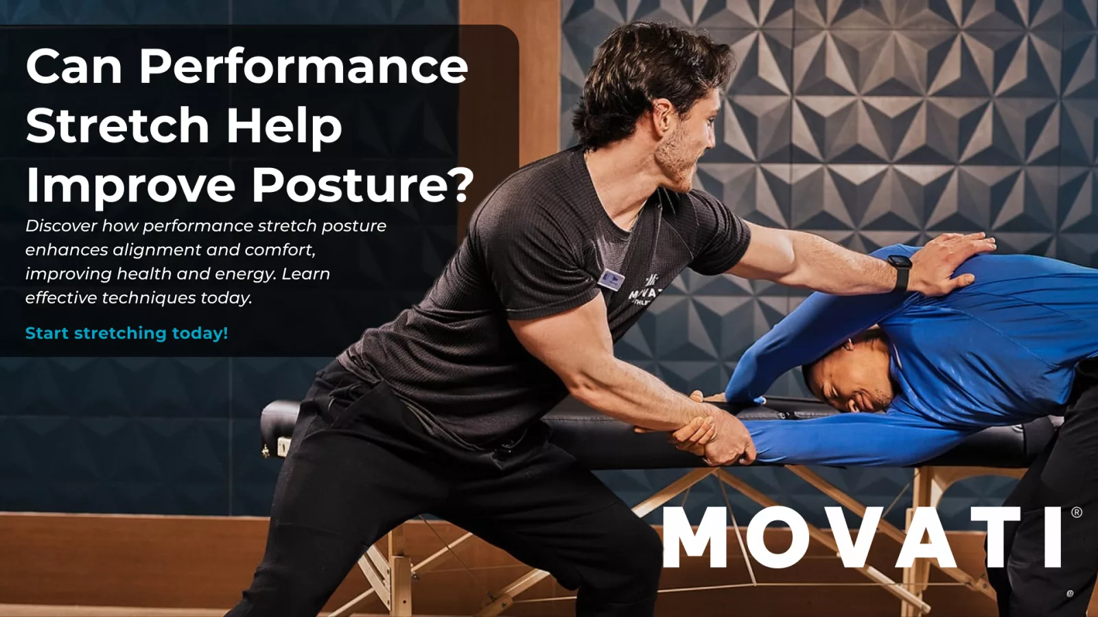 Trainer assisting man with performance stretch posture technique on massage table.