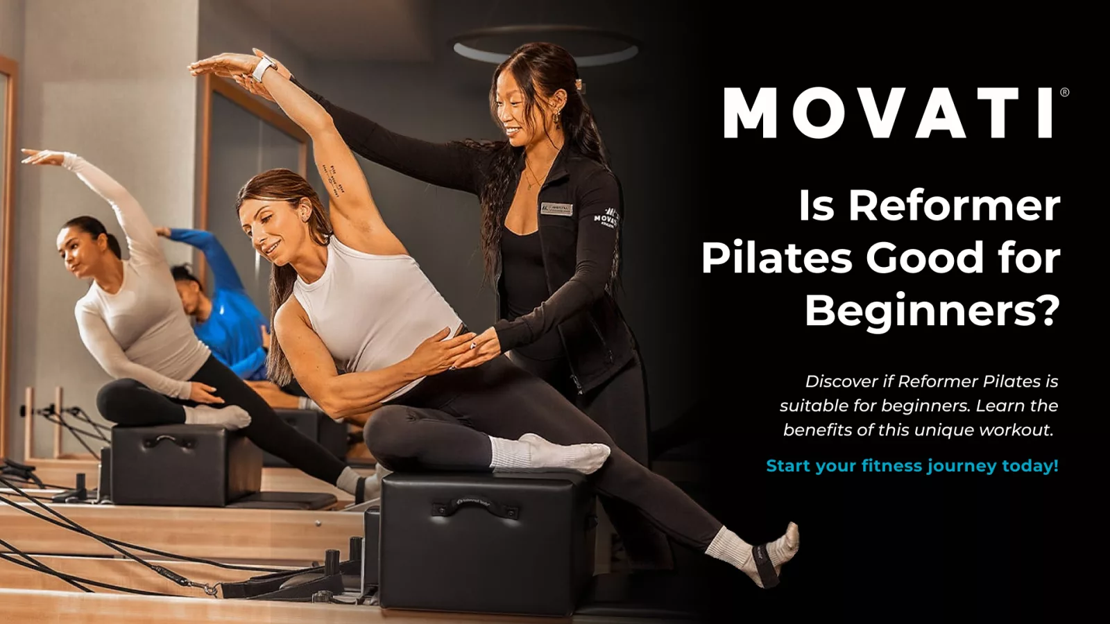 Instructor assisting woman on Reformer machine, illustrating Reformer Pilates for beginners in a studio setting.