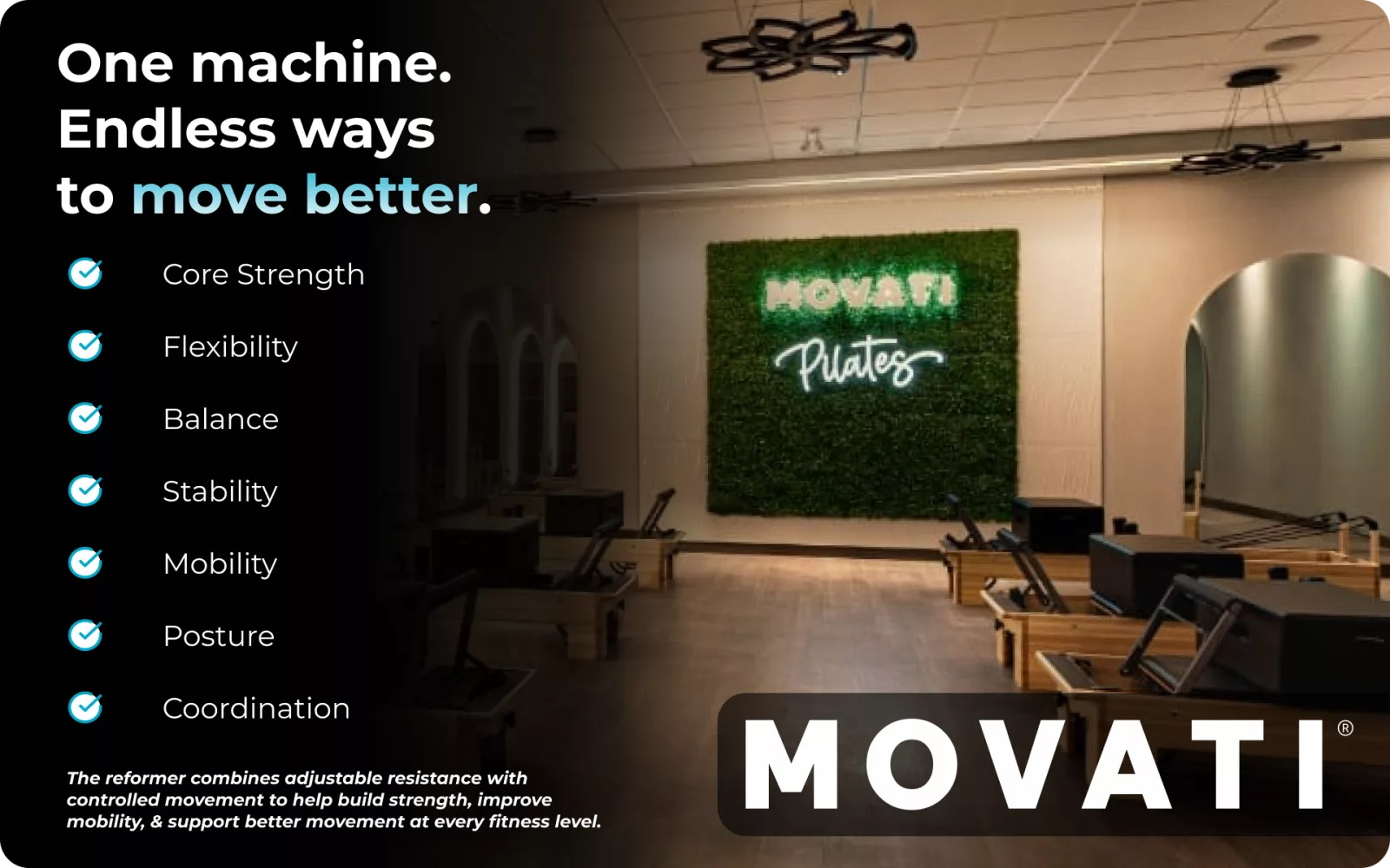 Reformer Pilates for beginners studio with reformer machines and motivational signage.