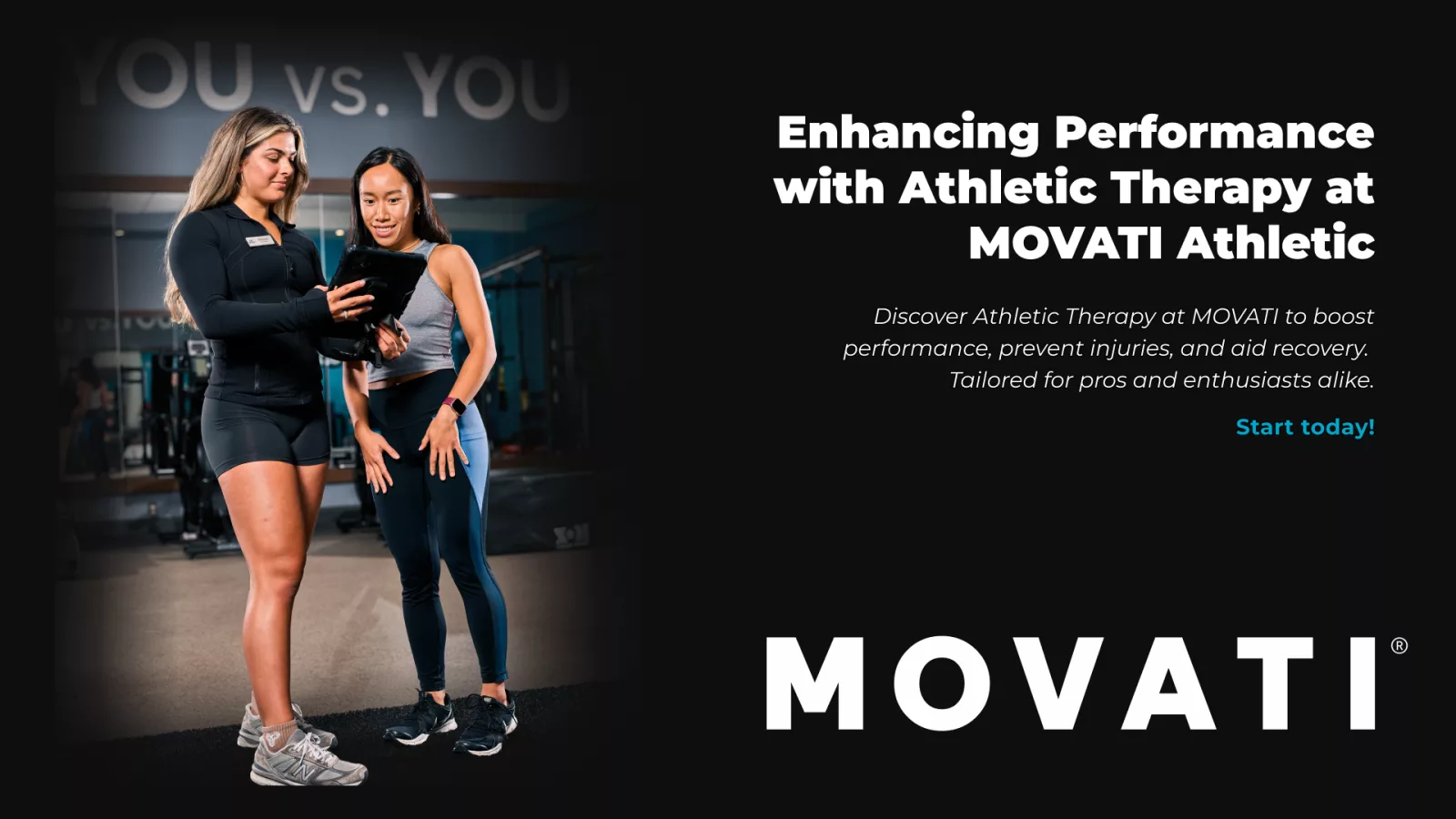 Trainers at MOVATI Athletic discussing workout plans, highlighting Athletic Therapy MOVATI services.