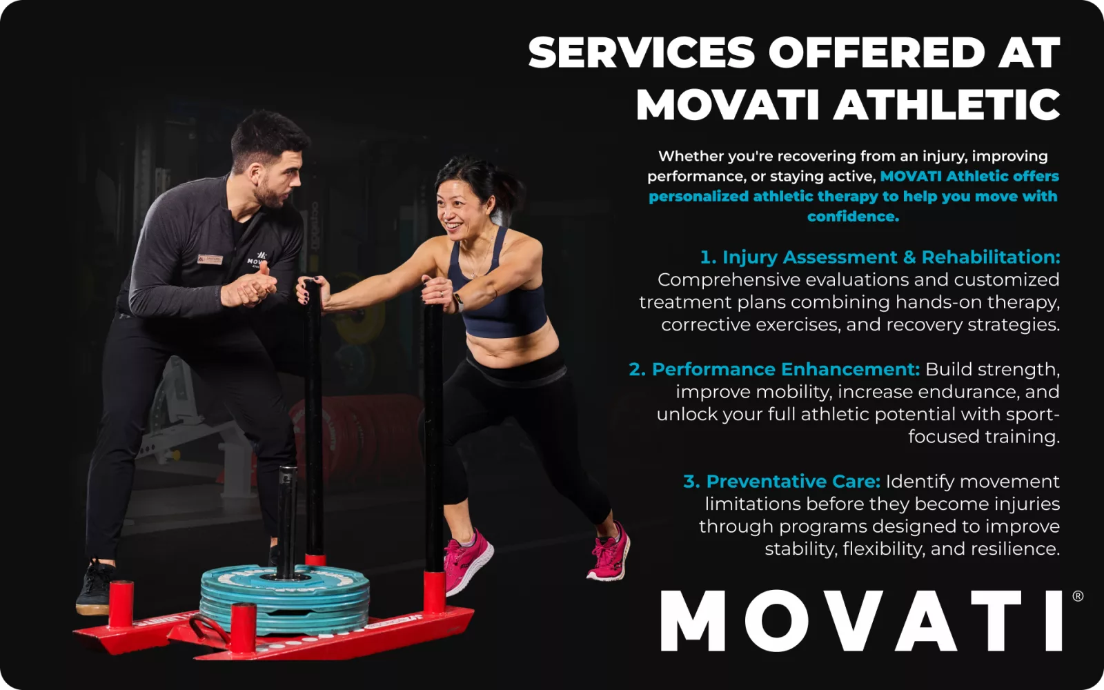 Athletic Therapy MOVATI services include injury assessment, performance enhancement, and preventative care strategies.