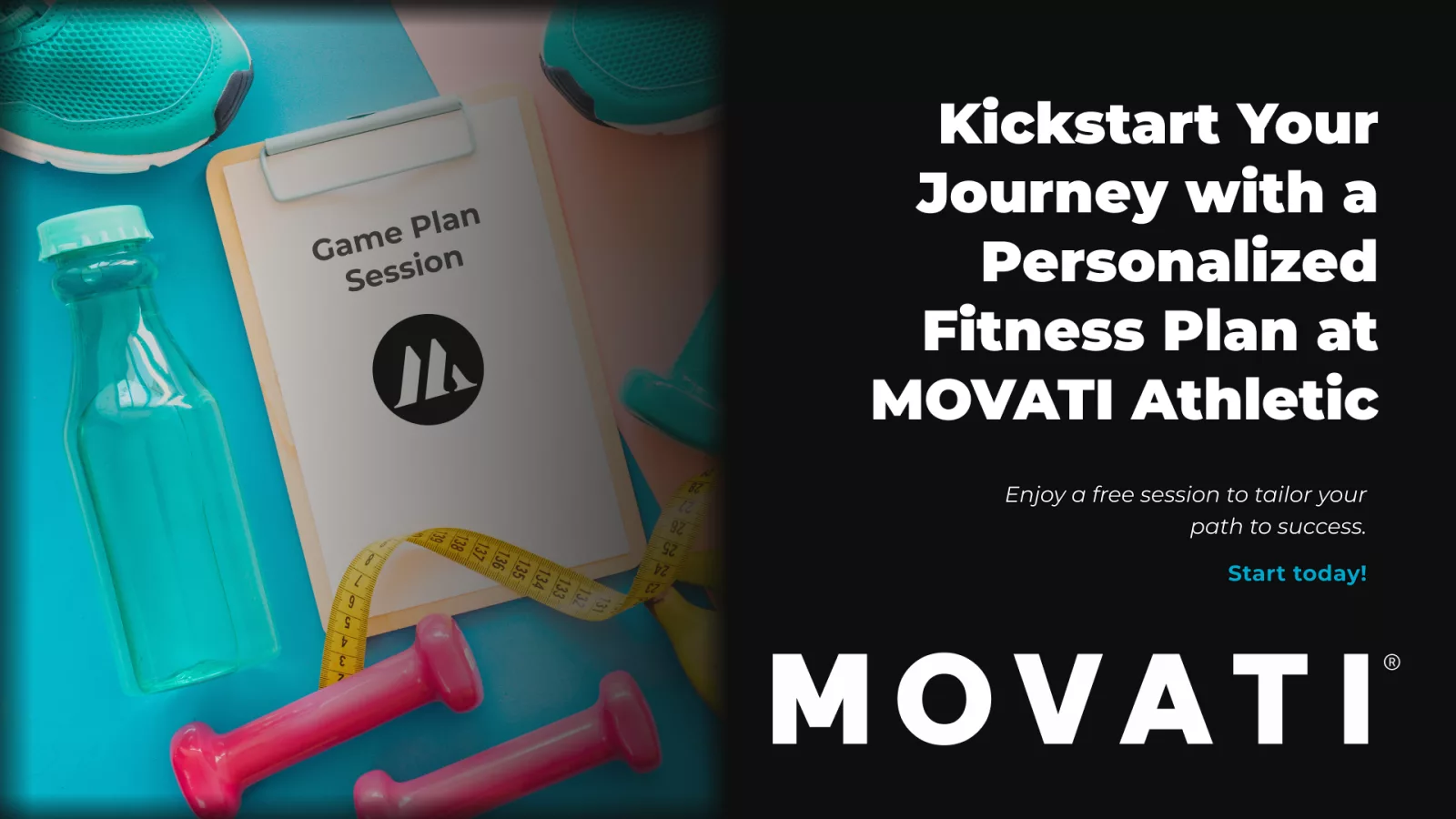 Clipboard with "Game Plan Session" surrounded by fitness gear, highlighting a personalized fitness plan at MOVATI Athletic.
