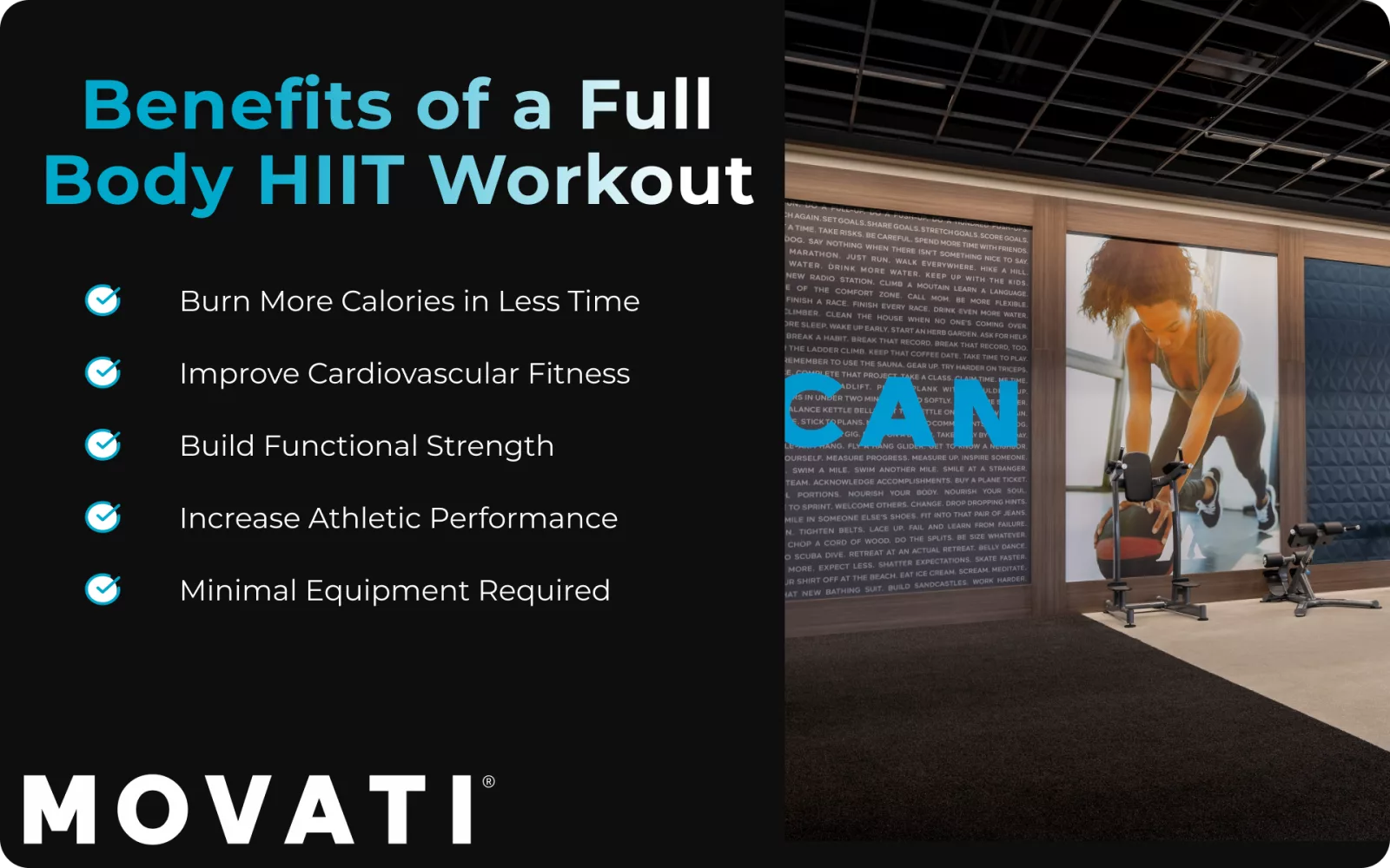 Benefits of a Full Body HIIT Workout listed on a gym wall with motivational text and icons.