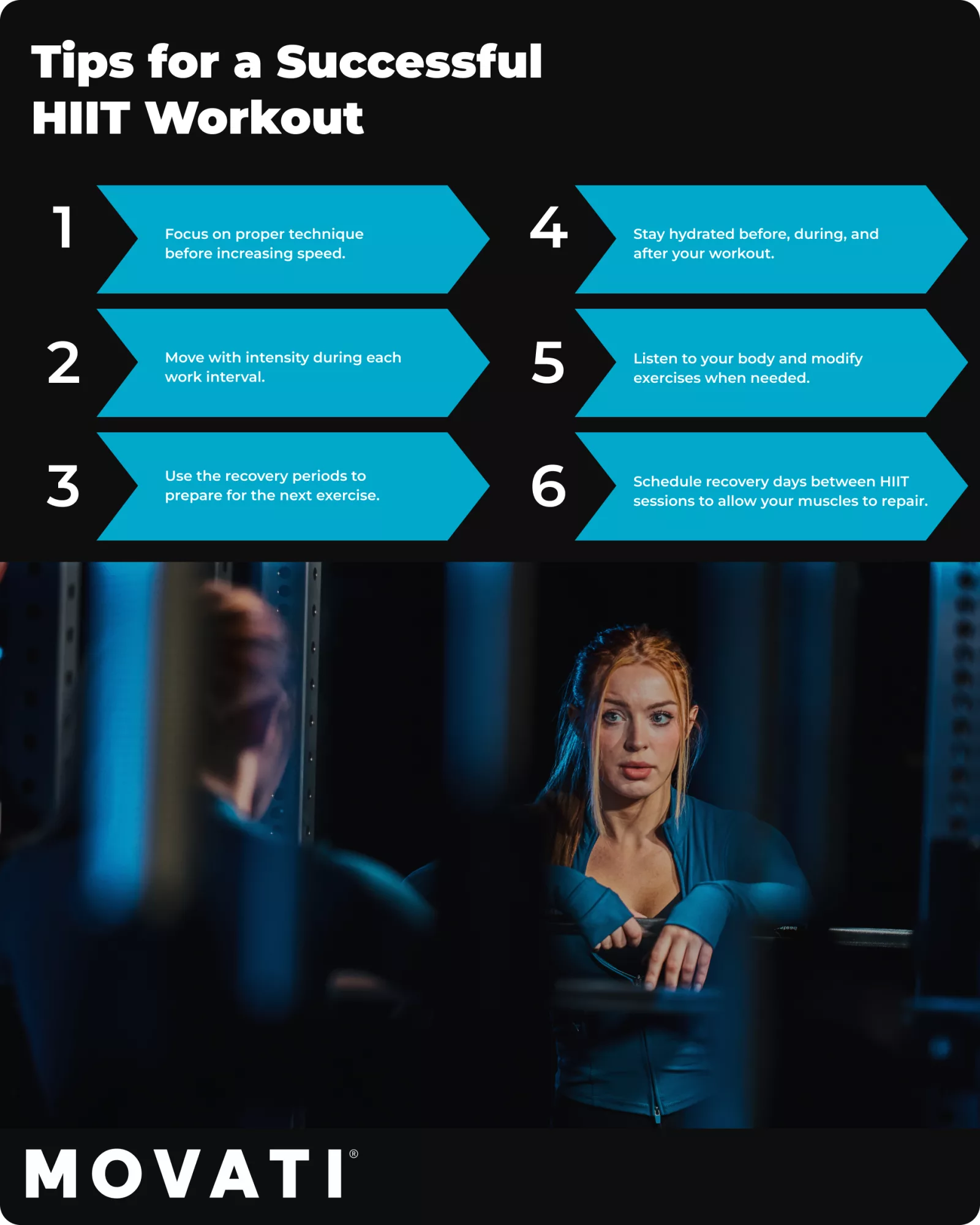 Tips for a successful Full Body HIIT Workout with a woman exercising in a gym setting.