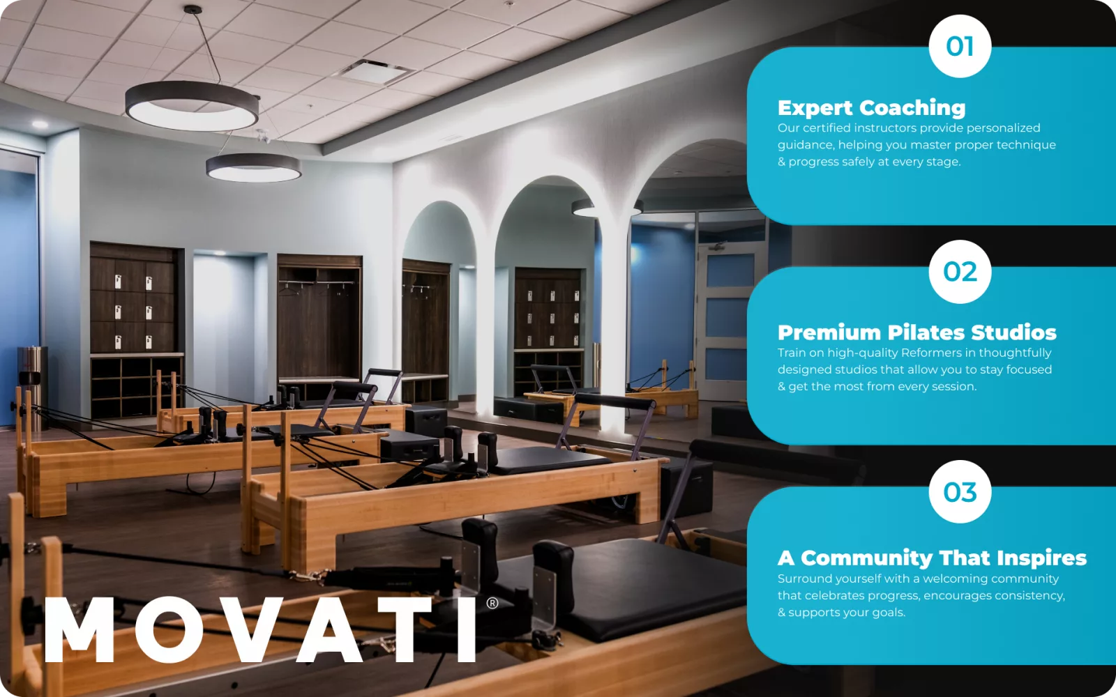 Pilates Reformer machines in a well-equipped MOVATI Athletic studio with expert coaching and community benefits highlighted.